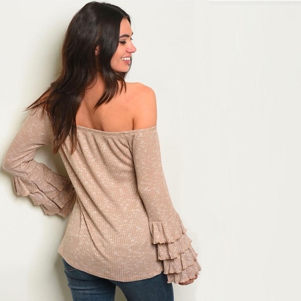 Taupe Off Shoulder Ribbed Top - Picture 2 of 4